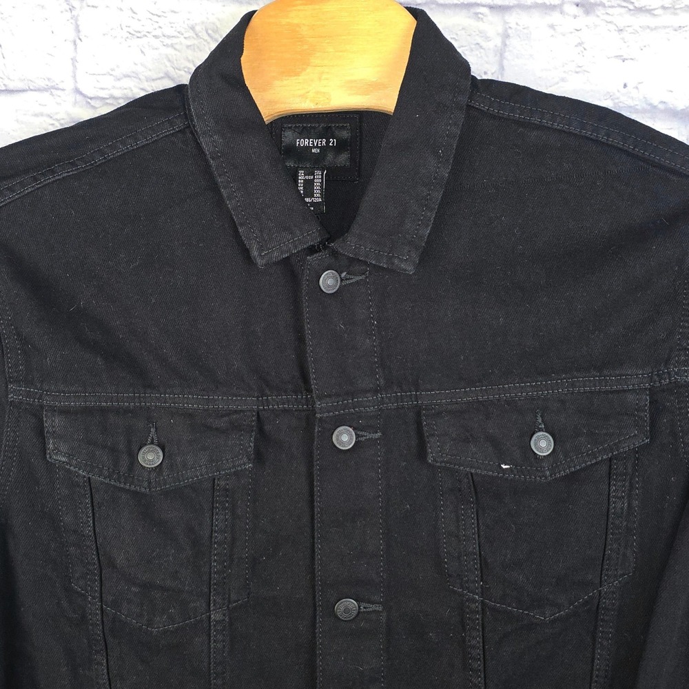 Forever 21 Denim Jacket Black Men Cotton Trucker Button Up Long Sleeve Sz 2XL